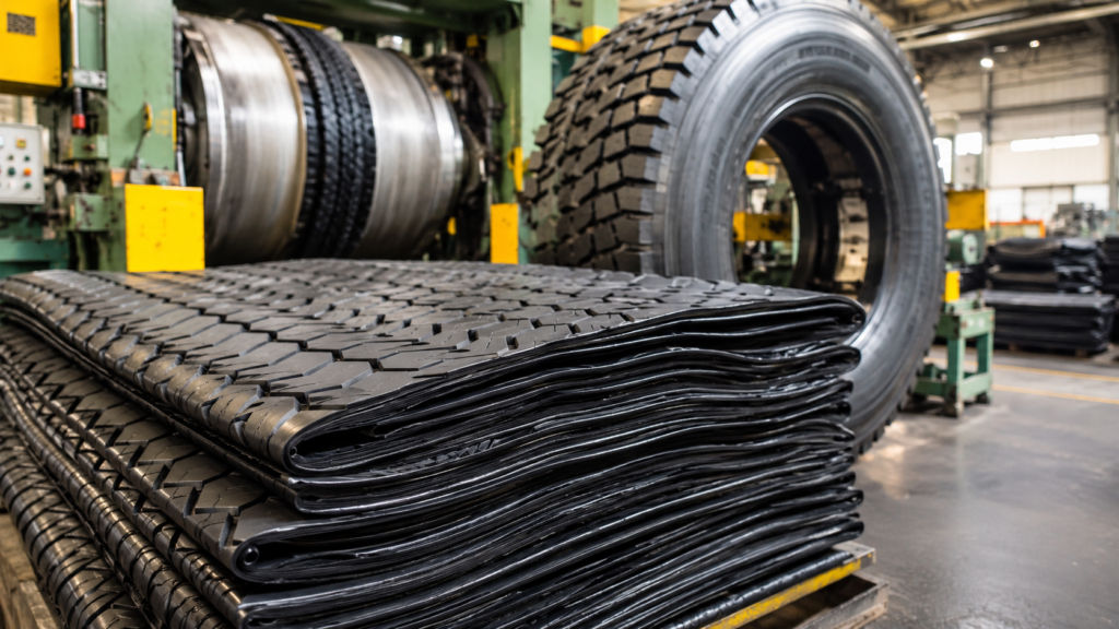 Precured tread rubber sheets used for truck tyre retreading at Pal Rubber Industries