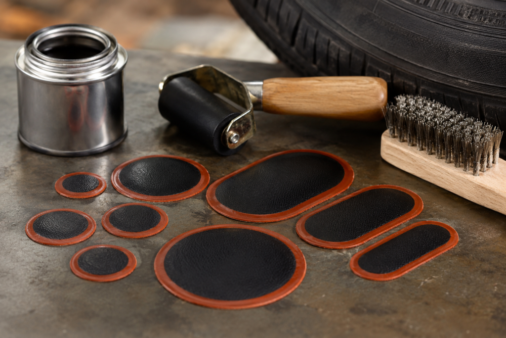 Set of cold process tyre patches used for puncture repair on car and bike tyres