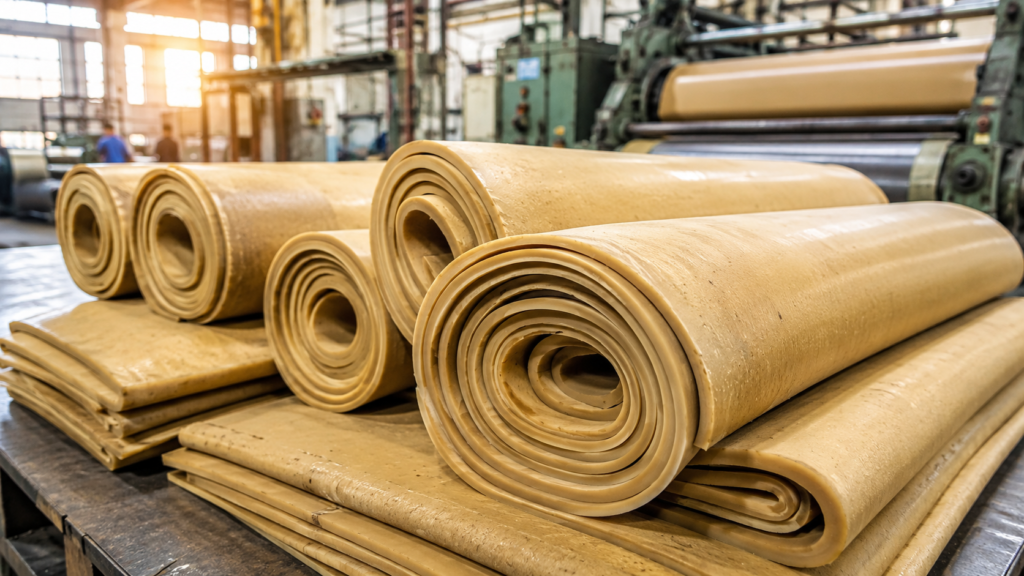 Rolls of rubber cushion gum sheets used in footwear and tyre retreading manufacturing in India