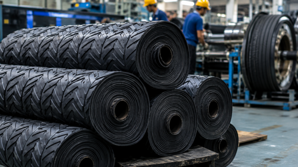 Tyre retreading material supplier in India showing precured tread rubber rolls manufactured by Pal Rubber Industries