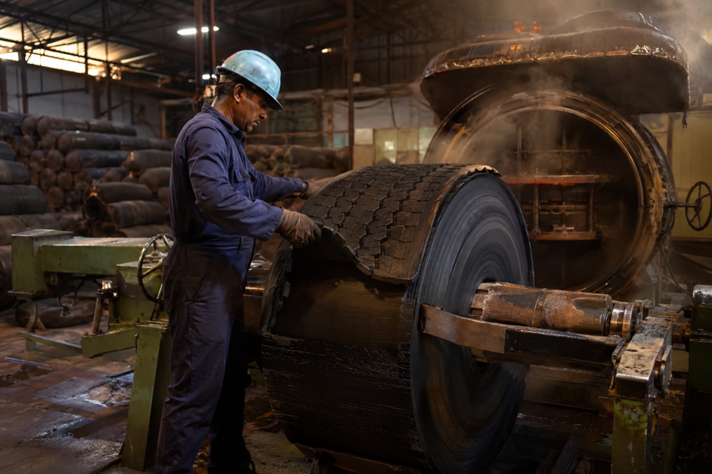Hot process tyre retreading rubber compound being applied on a commercial truck tyre casing