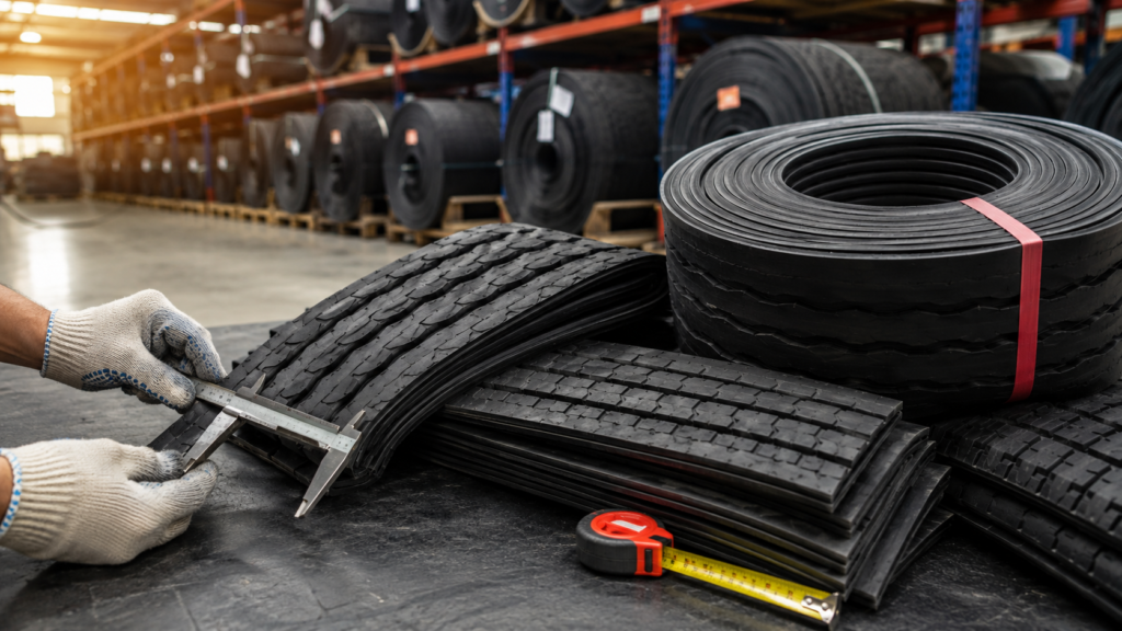 Precured tread rubber sheets stacked at an Indian manufacturing unit showing price and quality factors